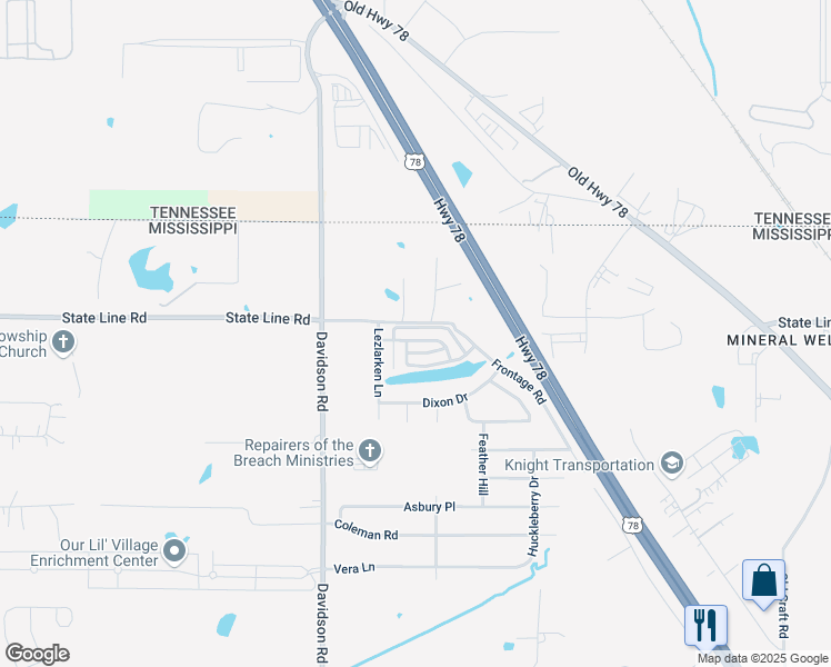 map of restaurants, bars, coffee shops, grocery stores, and more near 6225 Arlington Lane in Olive Branch