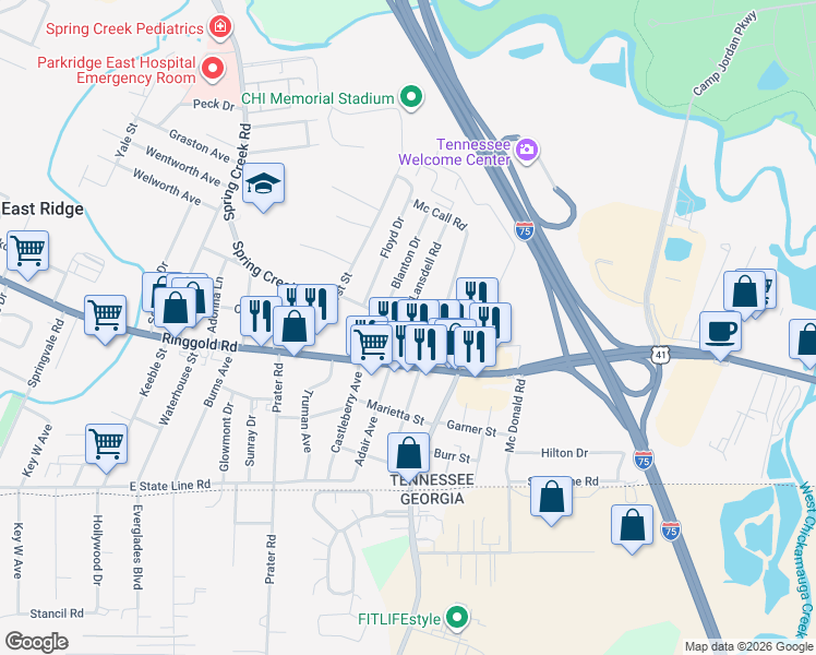 map of restaurants, bars, coffee shops, grocery stores, and more near 6205 Ringgold Road in Chattanooga