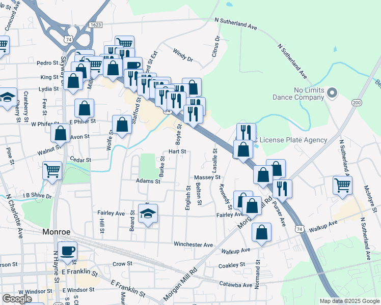 map of restaurants, bars, coffee shops, grocery stores, and more near 747 English Street in Monroe