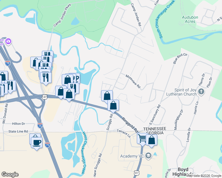 map of restaurants, bars, coffee shops, grocery stores, and more near 6924 Village Lake Circle in Chattanooga