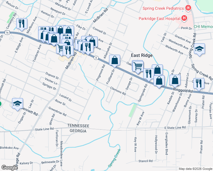 map of restaurants, bars, coffee shops, grocery stores, and more near 5501 Clemons Road in East Ridge