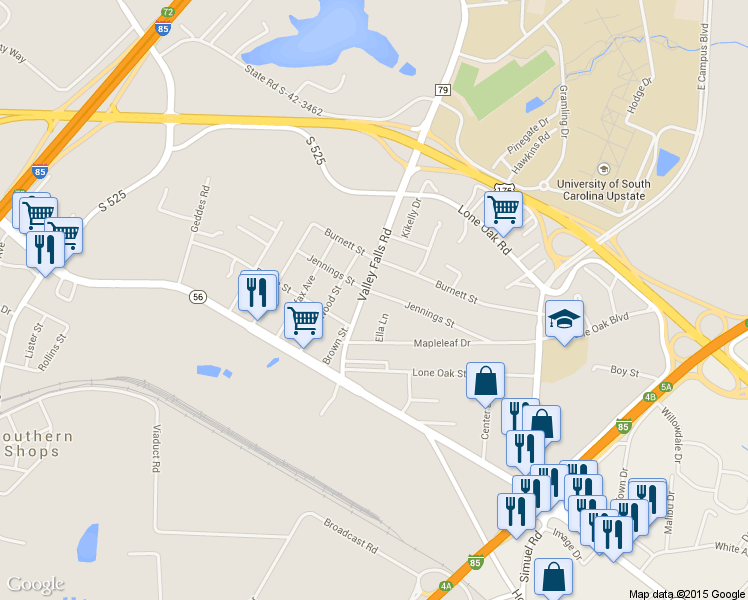 map of restaurants, bars, coffee shops, grocery stores, and more near 7523 Jennings Street in Spartanburg