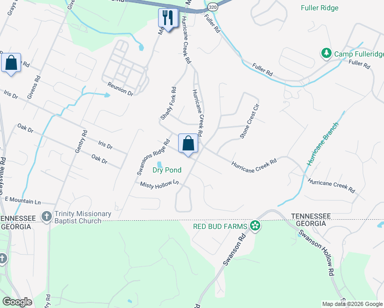 map of restaurants, bars, coffee shops, grocery stores, and more near 8726 Hurricane Manor Trail in Chattanooga