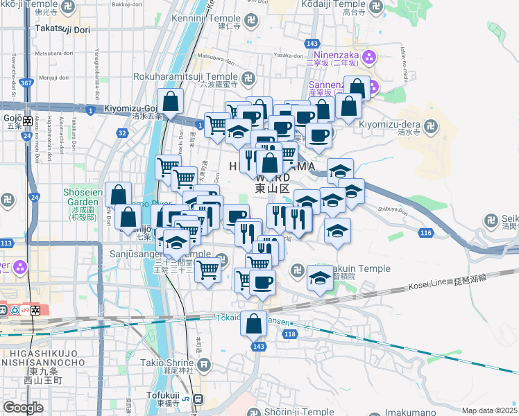 map of restaurants, bars, coffee shops, grocery stores, and more near in Kyoto