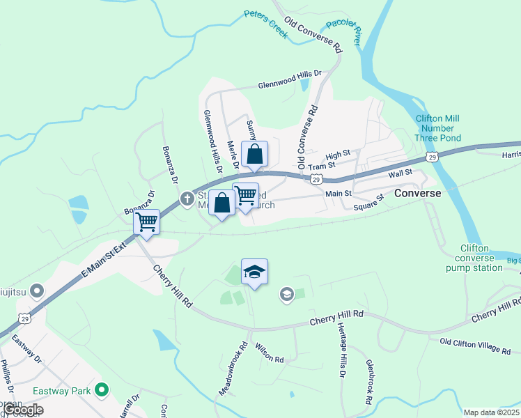 map of restaurants, bars, coffee shops, grocery stores, and more near 106 Main Street in Converse