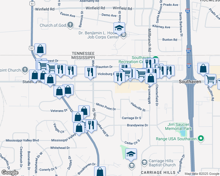 map of restaurants, bars, coffee shops, grocery stores, and more near 8906 Yorktown Drive in Southaven