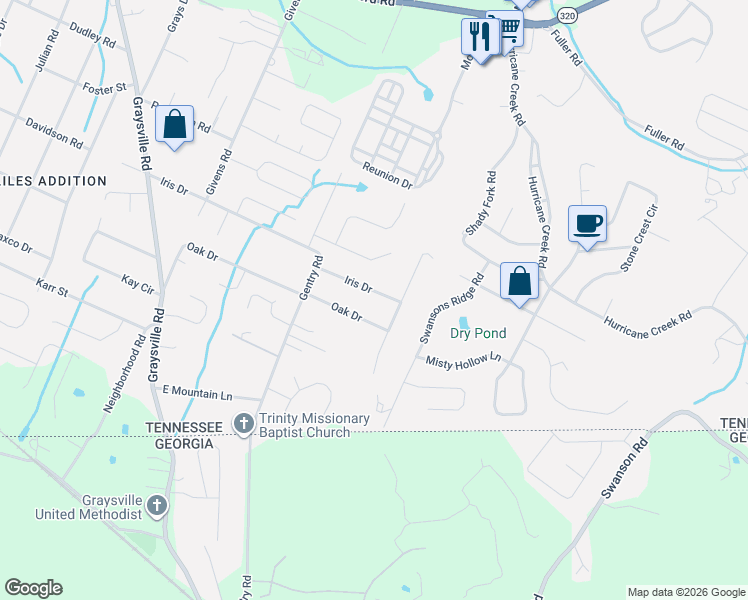 map of restaurants, bars, coffee shops, grocery stores, and more near 8427 Oak Drive in Chattanooga