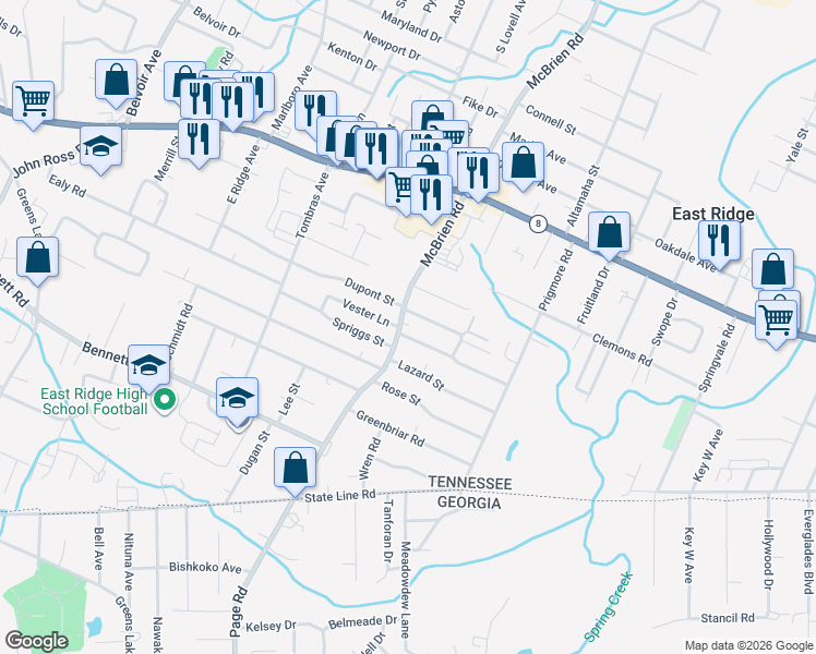 map of restaurants, bars, coffee shops, grocery stores, and more near 5306 Spriggs Street in Chattanooga