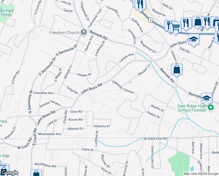 map of restaurants, bars, coffee shops, grocery stores, and more near 1414 Millbro Circle in Chattanooga