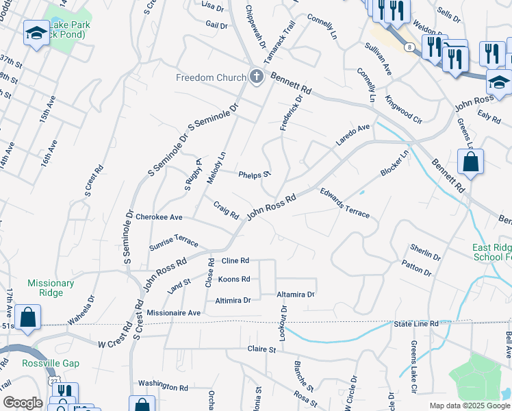 map of restaurants, bars, coffee shops, grocery stores, and more near 1518 John Ross Road in Chattanooga
