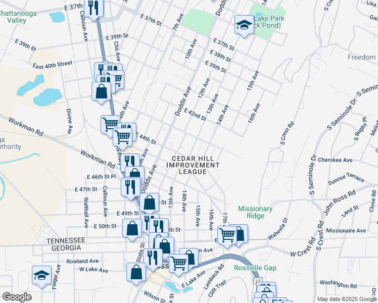 map of restaurants, bars, coffee shops, grocery stores, and more near 4401 14th Avenue in Chattanooga