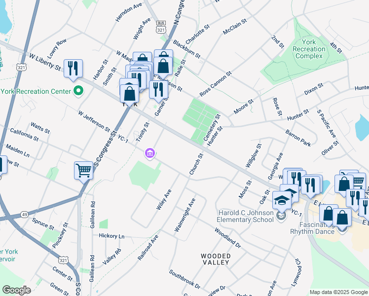 map of restaurants, bars, coffee shops, grocery stores, and more near 10 Church Street in York