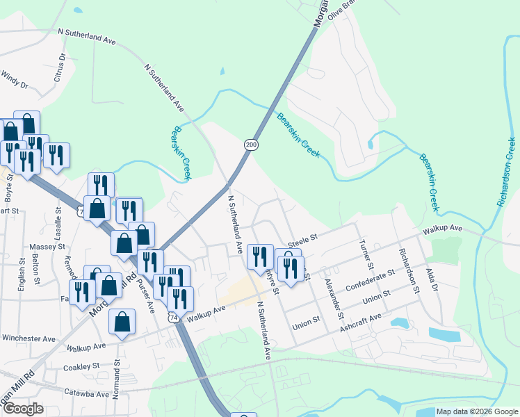 map of restaurants, bars, coffee shops, grocery stores, and more near 1803 Steele Street in Monroe