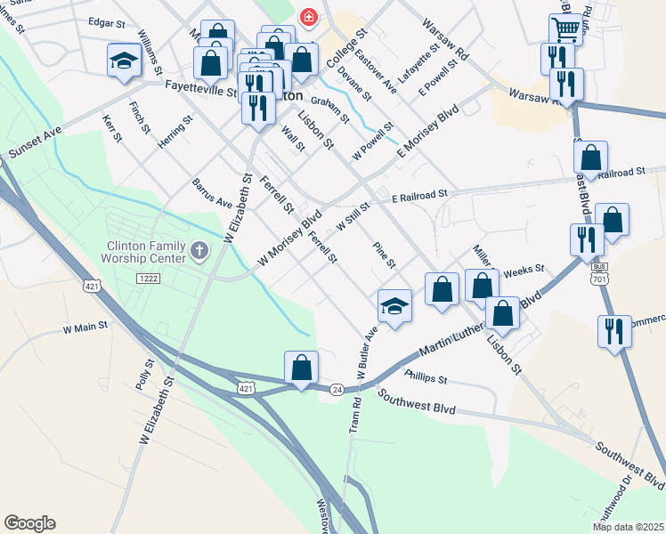 map of restaurants, bars, coffee shops, grocery stores, and more near 600 Ferrell Street in Clinton