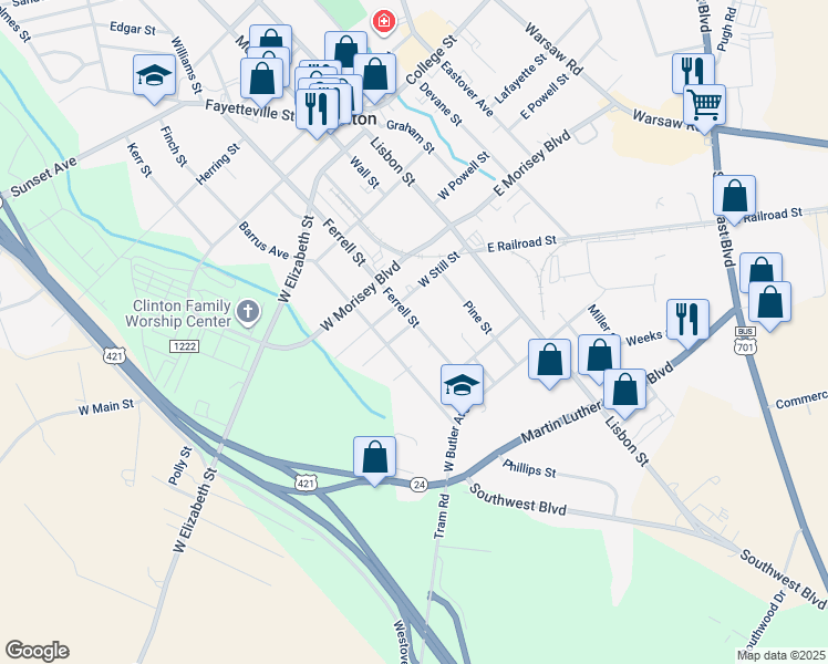 map of restaurants, bars, coffee shops, grocery stores, and more near 600 Ferrell Street in Clinton