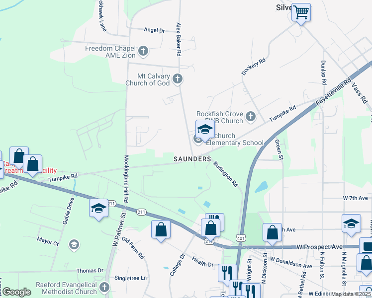 map of restaurants, bars, coffee shops, grocery stores, and more near 127 Major Evans Road in Raeford
