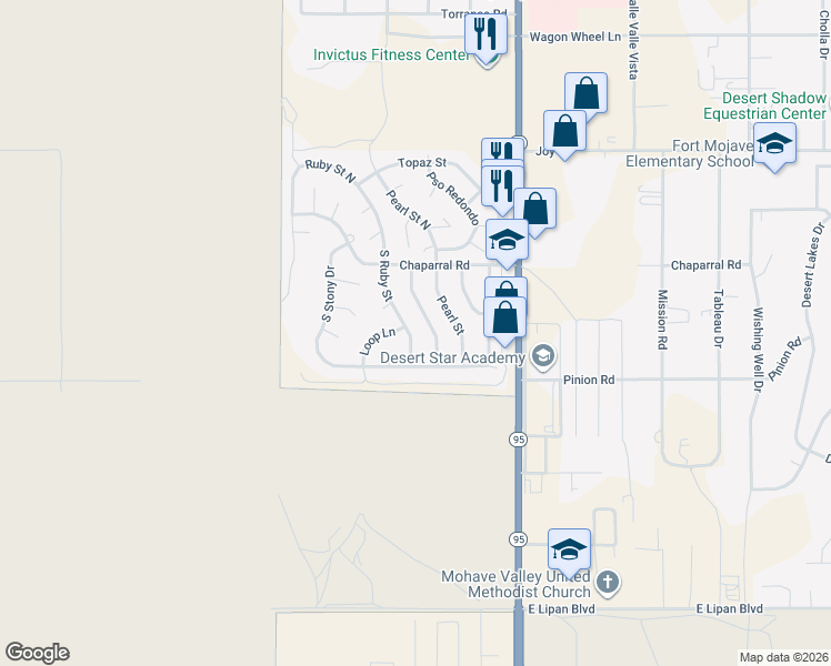 map of restaurants, bars, coffee shops, grocery stores, and more near 5721 Pasadena Road in Bullhead City