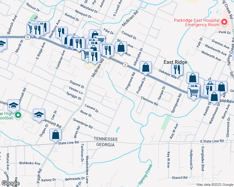 map of restaurants, bars, coffee shops, grocery stores, and more near 1613a Prigmore Road in East Ridge
