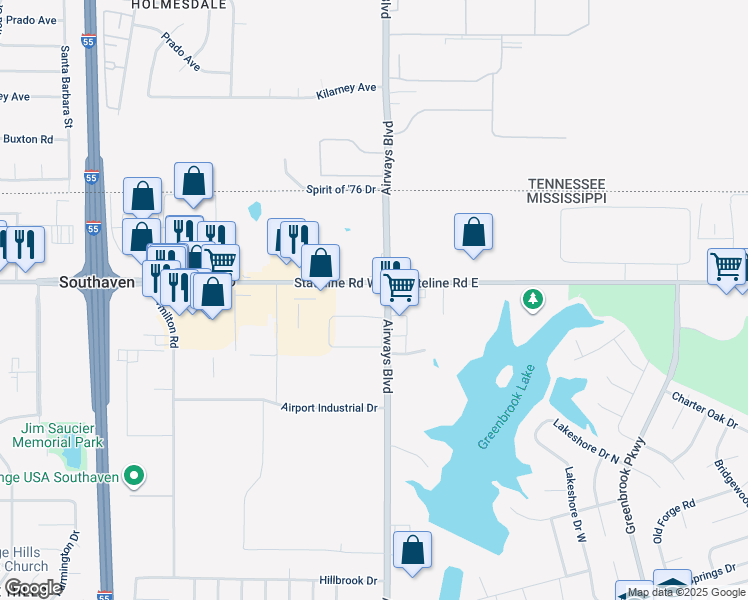 map of restaurants, bars, coffee shops, grocery stores, and more near 35 Stateline Road West in Southaven