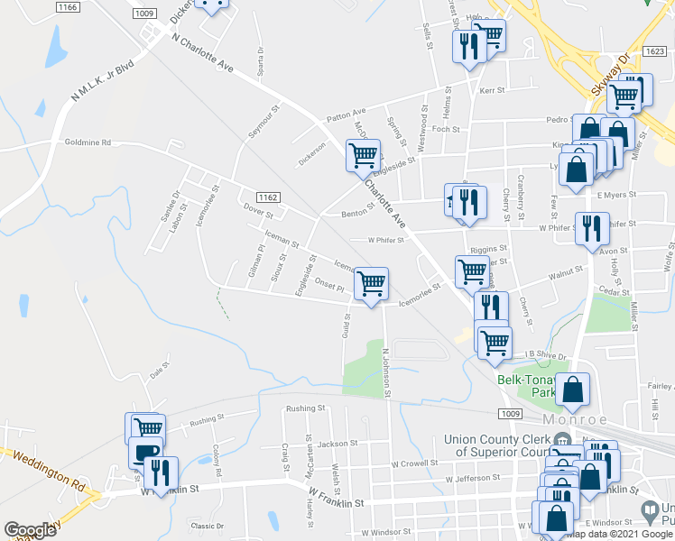 map of restaurants, bars, coffee shops, grocery stores, and more near 1207 Iceman Street in Monroe