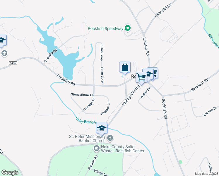 map of restaurants, bars, coffee shops, grocery stores, and more near 7144 Rockfish Road in Raeford