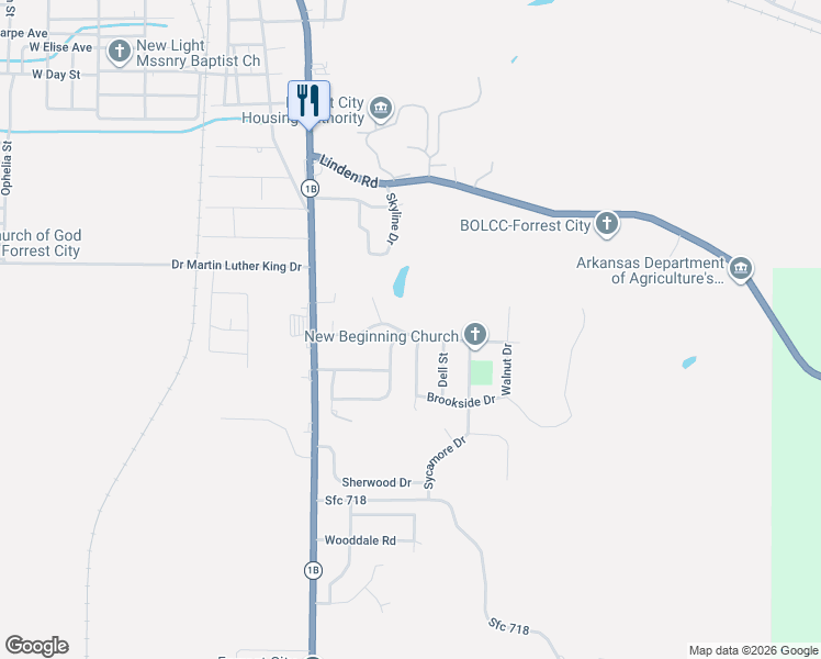 map of restaurants, bars, coffee shops, grocery stores, and more near 807 Park Drive in Forrest City