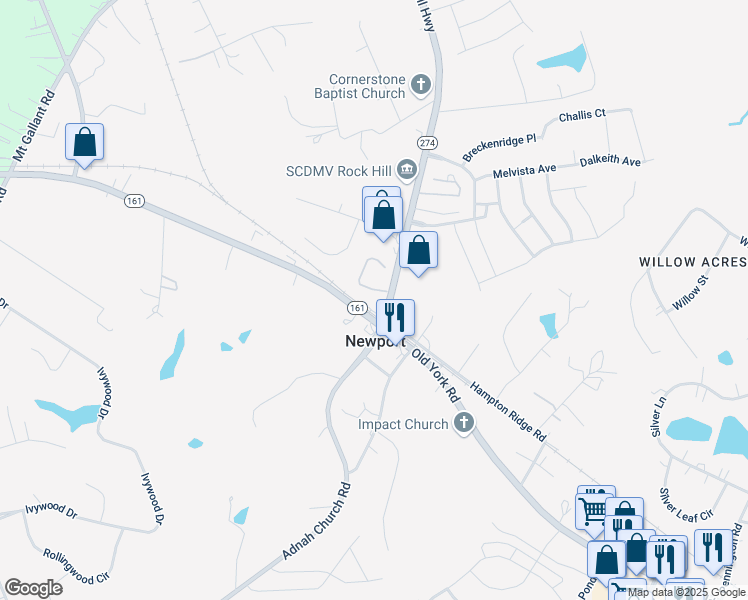 map of restaurants, bars, coffee shops, grocery stores, and more near 126 Hands Mill Highway in Rock Hill
