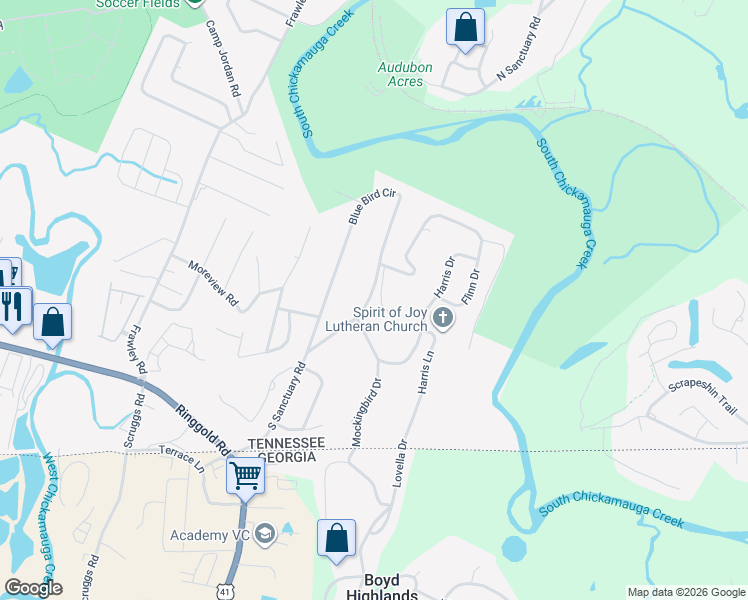 map of restaurants, bars, coffee shops, grocery stores, and more near 654 Blue Bird Circle in Chattanooga