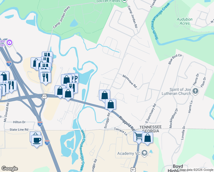 map of restaurants, bars, coffee shops, grocery stores, and more near 6881 Village Lake Circle in East Ridge