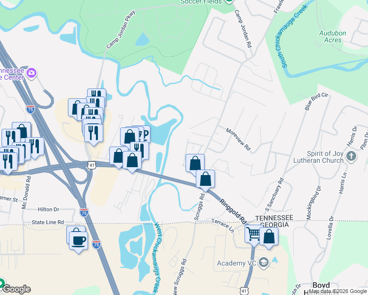 map of restaurants, bars, coffee shops, grocery stores, and more near 6869 Village Lake Circle in Chattanooga