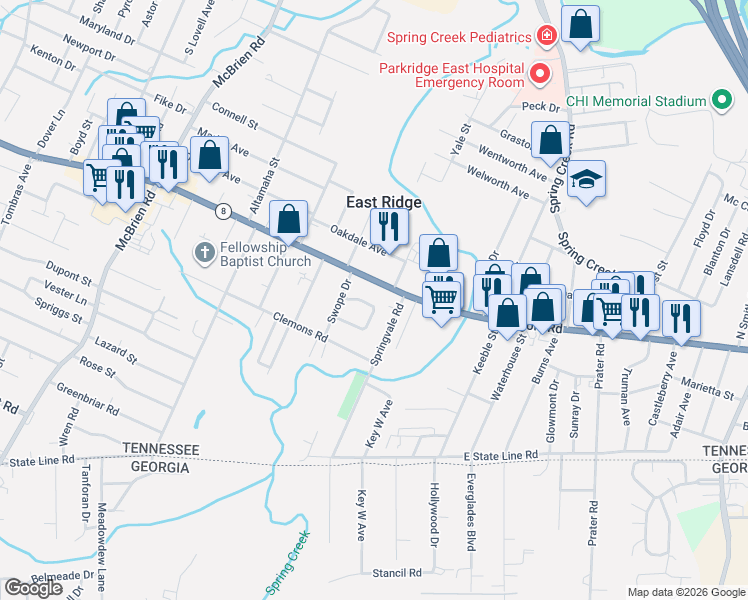 map of restaurants, bars, coffee shops, grocery stores, and more near 5701 Ringgold Road in Chattanooga