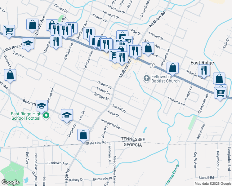 map of restaurants, bars, coffee shops, grocery stores, and more near 1606 Mcbrien Road in Chattanooga