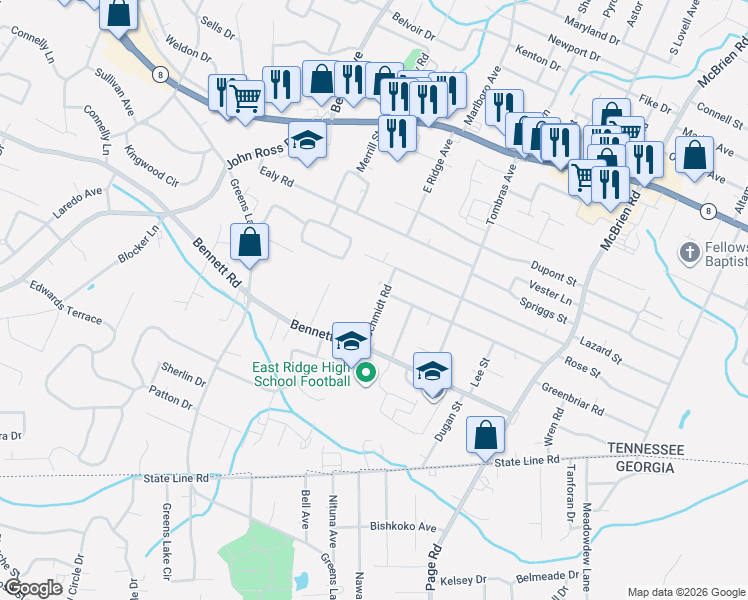 map of restaurants, bars, coffee shops, grocery stores, and more near 1903 Schmidt Road in Chattanooga