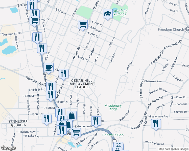 map of restaurants, bars, coffee shops, grocery stores, and more near 3111 East 43rd Street in Chattanooga