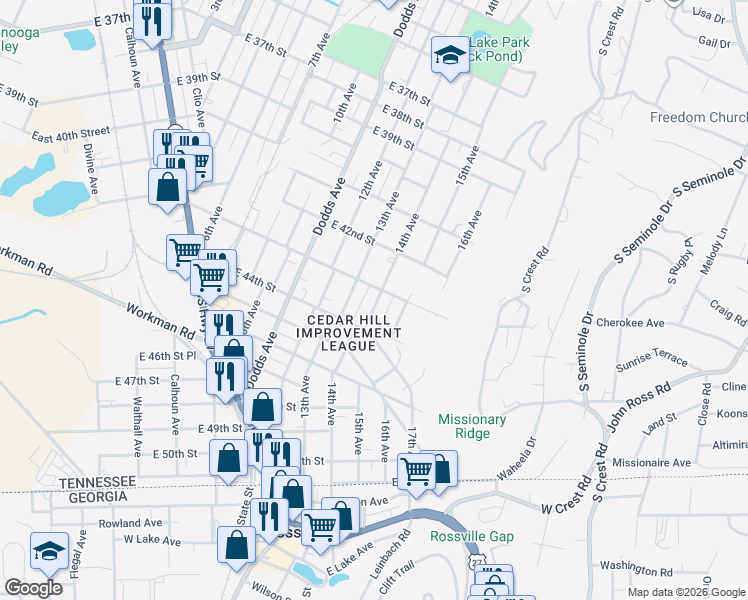 map of restaurants, bars, coffee shops, grocery stores, and more near 4215 14th Avenue in Chattanooga