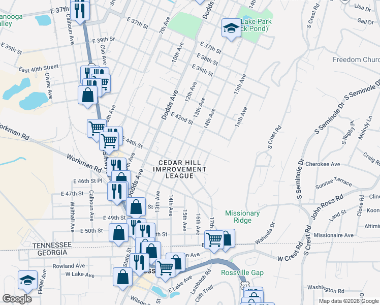 map of restaurants, bars, coffee shops, grocery stores, and more near 4215 14th Avenue in Chattanooga