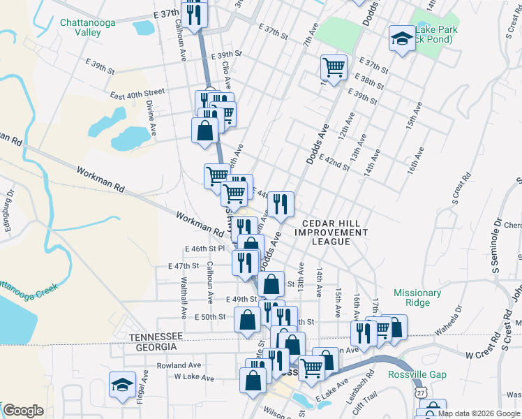 map of restaurants, bars, coffee shops, grocery stores, and more near 2600 East 44th Street in Chattanooga