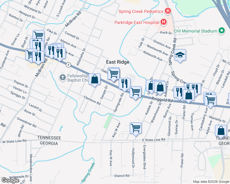 map of restaurants, bars, coffee shops, grocery stores, and more near 5701 Ringgold Road in Chattanooga