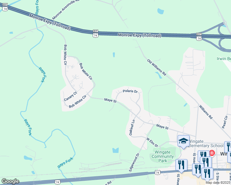 map of restaurants, bars, coffee shops, grocery stores, and more near 105 Polaris Drive in Wingate