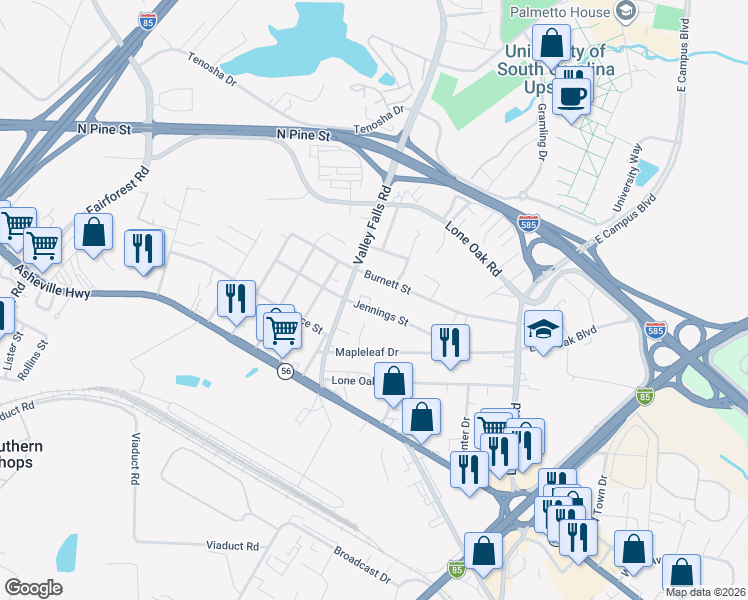 map of restaurants, bars, coffee shops, grocery stores, and more near 7328 Valley Falls Road in Spartanburg