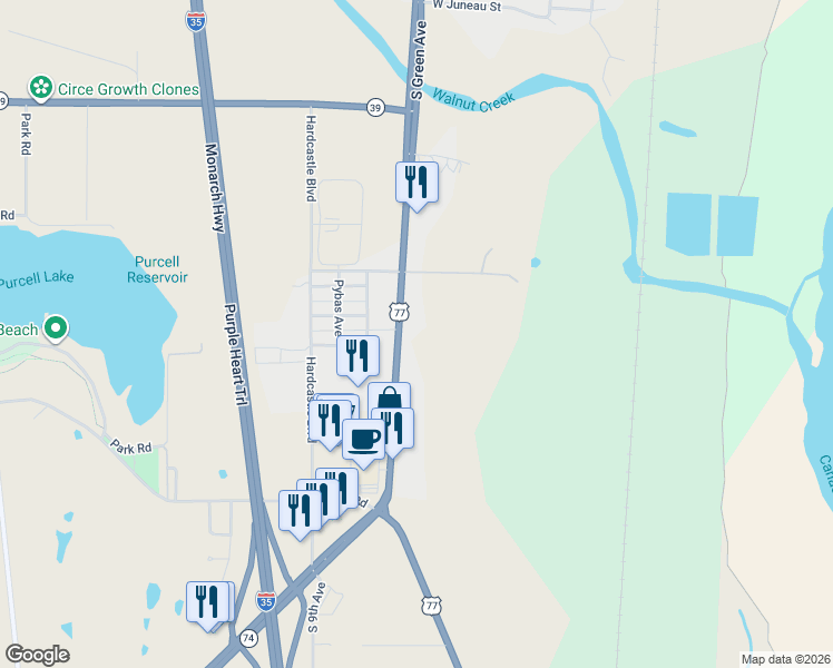 map of restaurants, bars, coffee shops, grocery stores, and more near U.S. 77 in Purcell