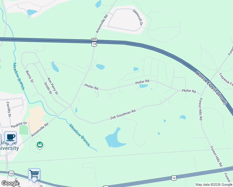 map of restaurants, bars, coffee shops, grocery stores, and more near 3610 Phifer Road in Wingate