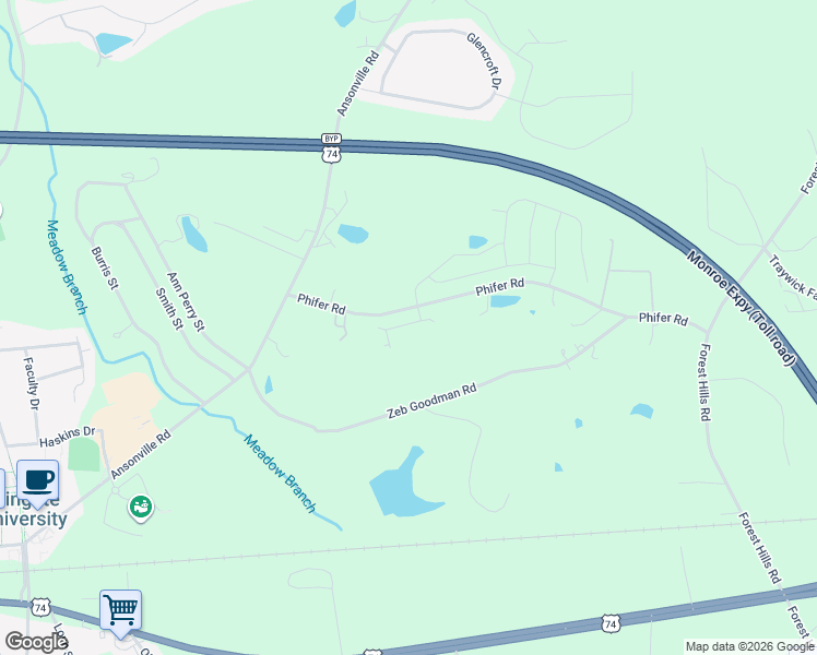 map of restaurants, bars, coffee shops, grocery stores, and more near 3610 Phifer Road in Wingate