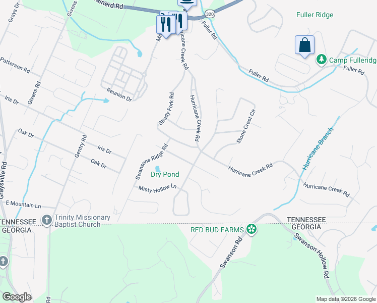 map of restaurants, bars, coffee shops, grocery stores, and more near 893 Shady Fork Road in Chattanooga