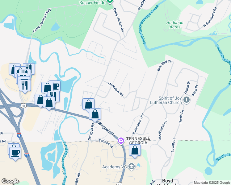 map of restaurants, bars, coffee shops, grocery stores, and more near 547 Benson Drive in Chattanooga