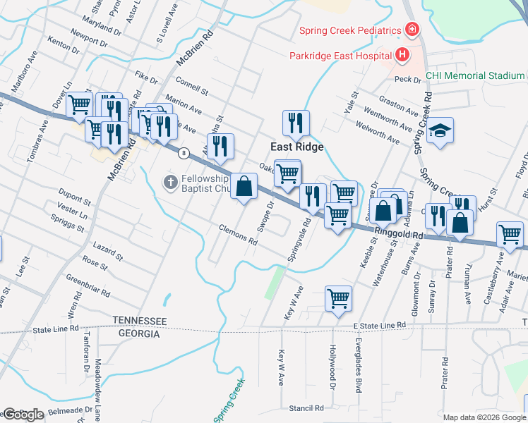 map of restaurants, bars, coffee shops, grocery stores, and more near 5604 Ringgold Road in Chattanooga