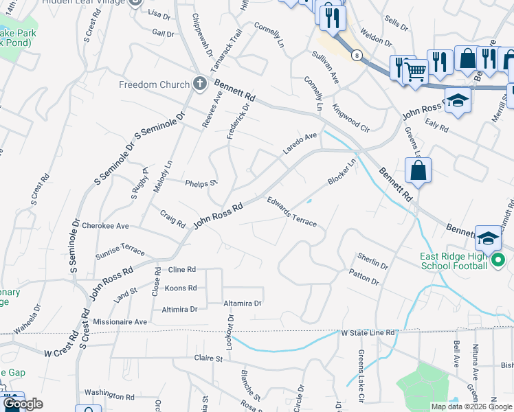 map of restaurants, bars, coffee shops, grocery stores, and more near 1407 John Ross Road in Chattanooga