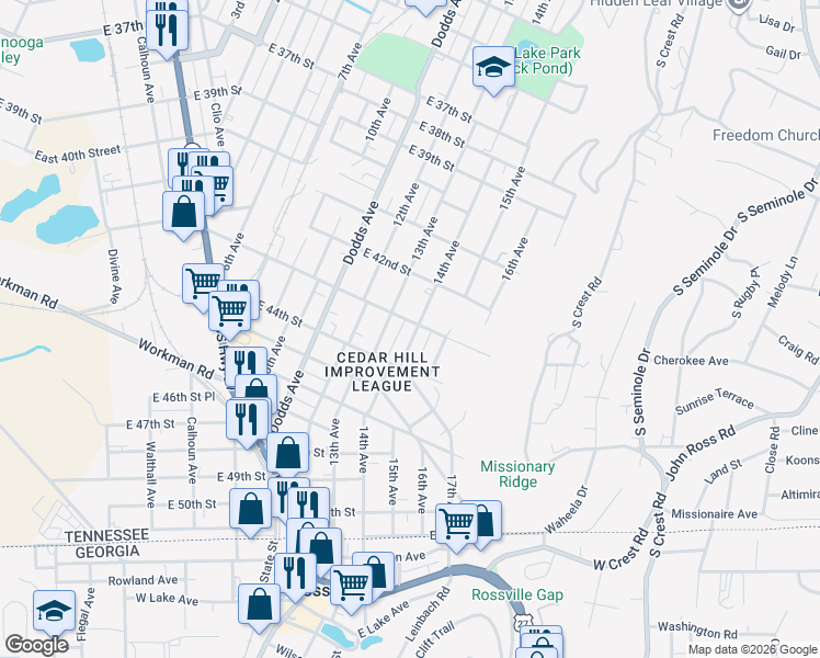 map of restaurants, bars, coffee shops, grocery stores, and more near 4215 14th Avenue in Chattanooga