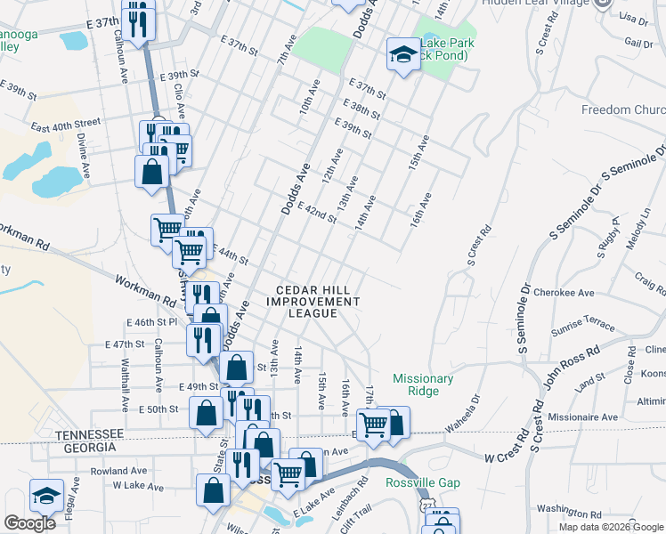 map of restaurants, bars, coffee shops, grocery stores, and more near 4215 14th Avenue in Chattanooga