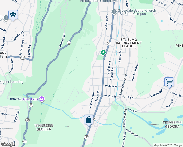 map of restaurants, bars, coffee shops, grocery stores, and more near 5121 Alabama Avenue in Chattanooga